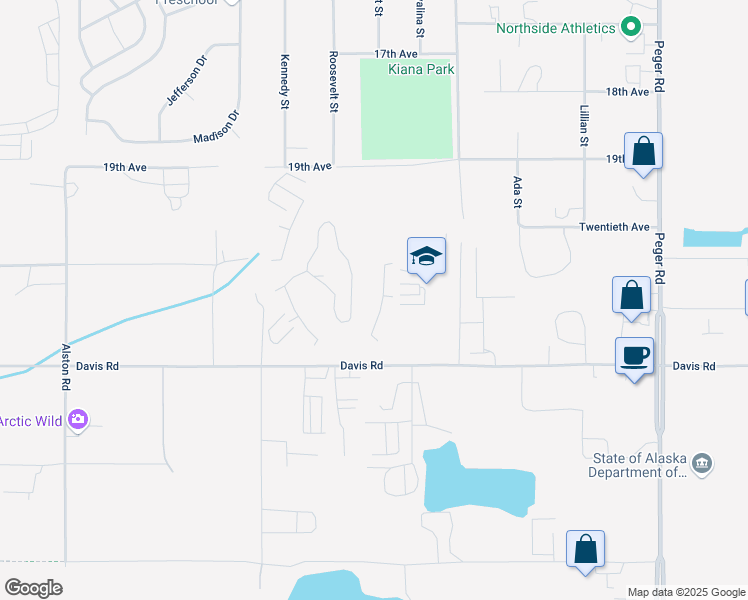 map of restaurants, bars, coffee shops, grocery stores, and more near 3040 Davis Road in Fairbanks