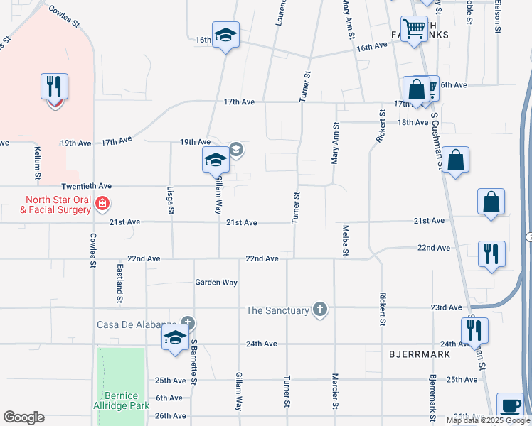 map of restaurants, bars, coffee shops, grocery stores, and more near 918 21st Avenue in Fairbanks