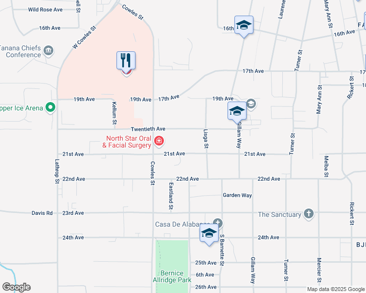 map of restaurants, bars, coffee shops, grocery stores, and more near 1234 21st Avenue in Fairbanks