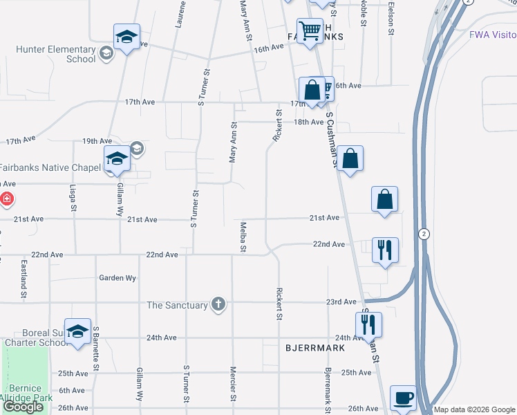 map of restaurants, bars, coffee shops, grocery stores, and more near 2028 Rickert Street in Fairbanks