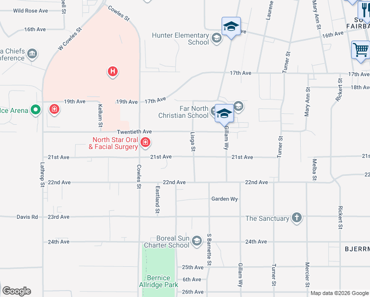 map of restaurants, bars, coffee shops, grocery stores, and more near 2060 Lisga Street in Fairbanks