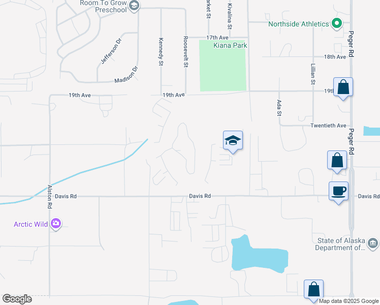map of restaurants, bars, coffee shops, grocery stores, and more near 3000 Davis Road in Fairbanks