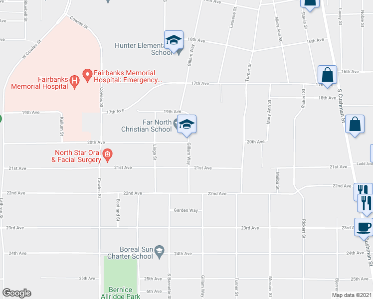 map of restaurants, bars, coffee shops, grocery stores, and more near 2008 Gillam Way in Fairbanks