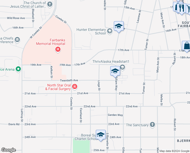 map of restaurants, bars, coffee shops, grocery stores, and more near 1930 Lisga Street in Fairbanks
