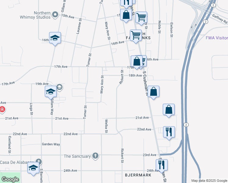map of restaurants, bars, coffee shops, grocery stores, and more near 1904 Rickert Street in Fairbanks