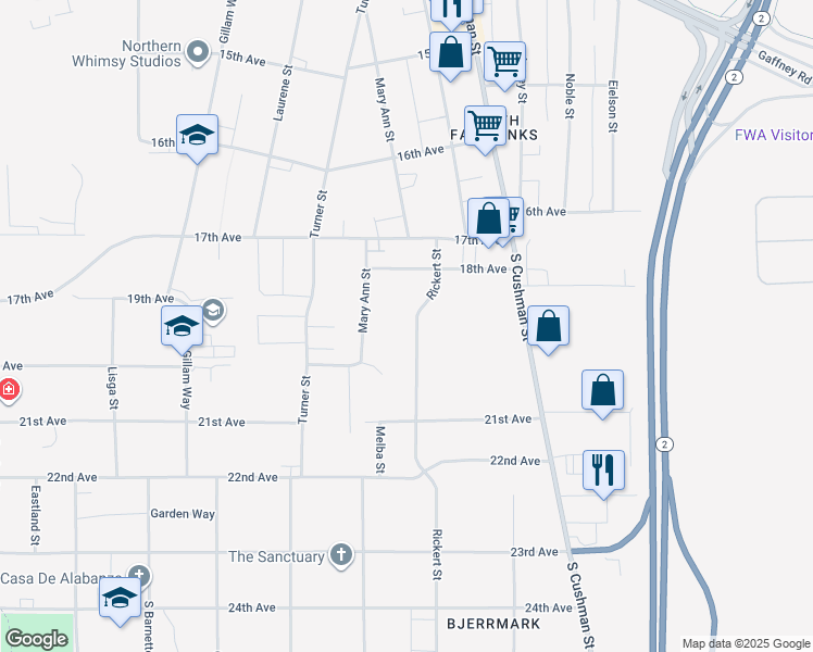 map of restaurants, bars, coffee shops, grocery stores, and more near 1904 Rickert Street in Fairbanks