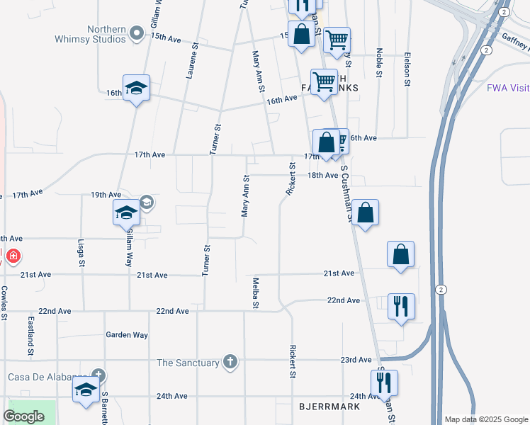 map of restaurants, bars, coffee shops, grocery stores, and more near 1904 Rickert Street in Fairbanks