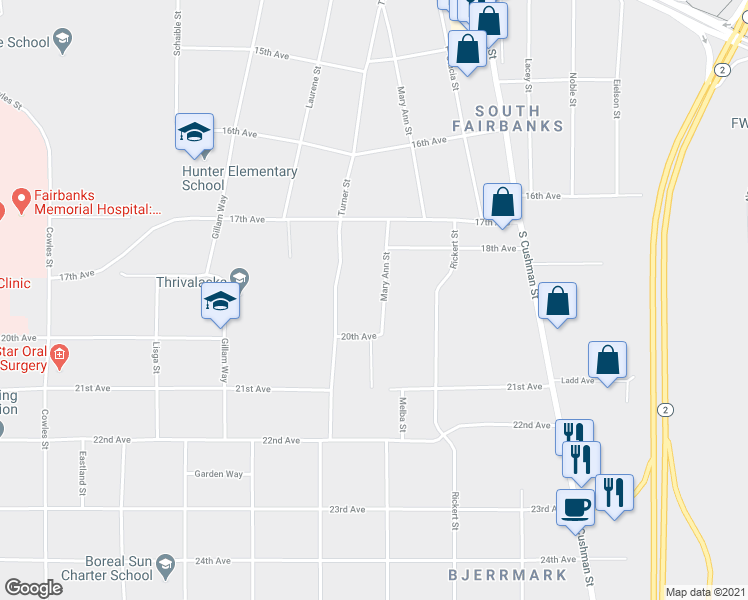 map of restaurants, bars, coffee shops, grocery stores, and more near 1906 Mary Ann Street in Fairbanks