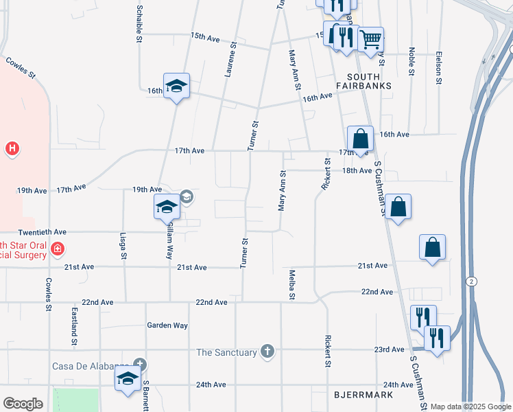 map of restaurants, bars, coffee shops, grocery stores, and more near 1925 Turner Street in Fairbanks