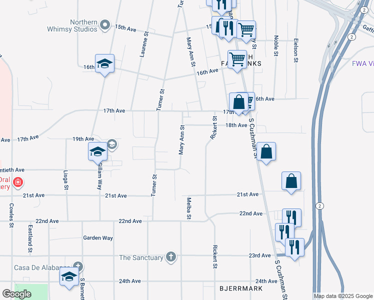 map of restaurants, bars, coffee shops, grocery stores, and more near 1901 Mary Ann Street in Fairbanks