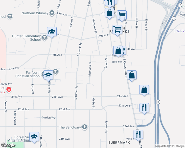 map of restaurants, bars, coffee shops, grocery stores, and more near 1906 Mary Ann Street in Fairbanks