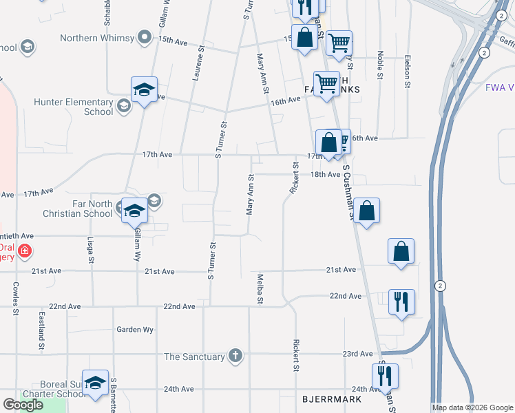 map of restaurants, bars, coffee shops, grocery stores, and more near 1906 Mary Ann Street in Fairbanks