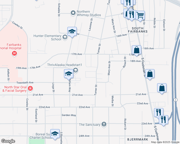 map of restaurants, bars, coffee shops, grocery stores, and more near 1910 South Cushman Street in Fairbanks