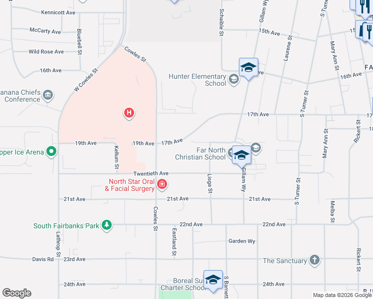map of restaurants, bars, coffee shops, grocery stores, and more near 1229 19th Avenue in Fairbanks