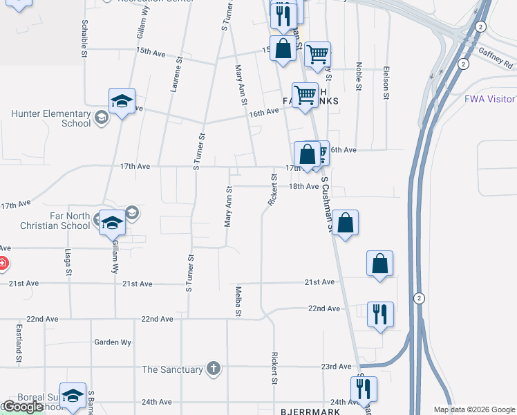 map of restaurants, bars, coffee shops, grocery stores, and more near 1904 Rickert Street in Fairbanks