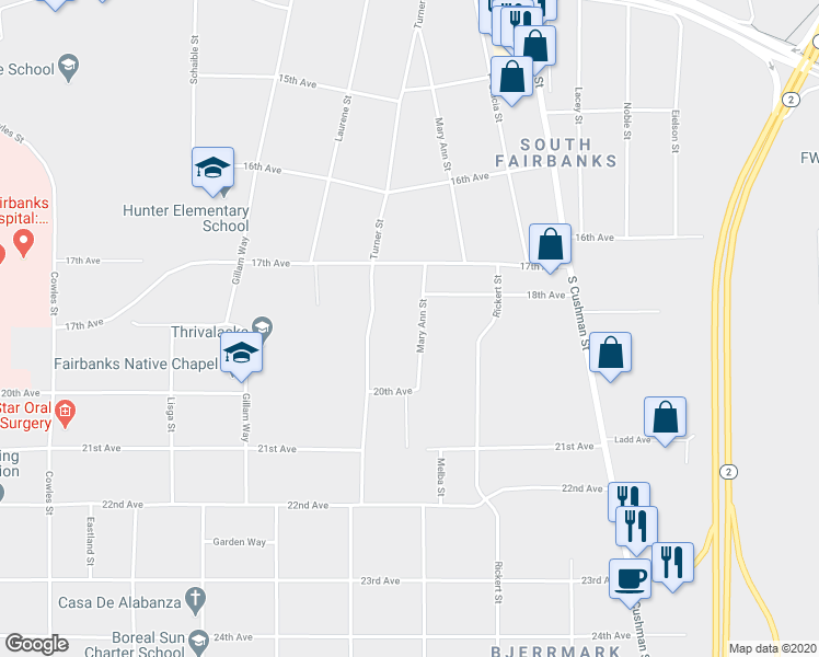 map of restaurants, bars, coffee shops, grocery stores, and more near 1925 Turner Street in Fairbanks