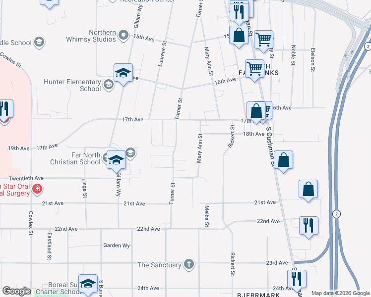 map of restaurants, bars, coffee shops, grocery stores, and more near 1925 Turner Street in Fairbanks