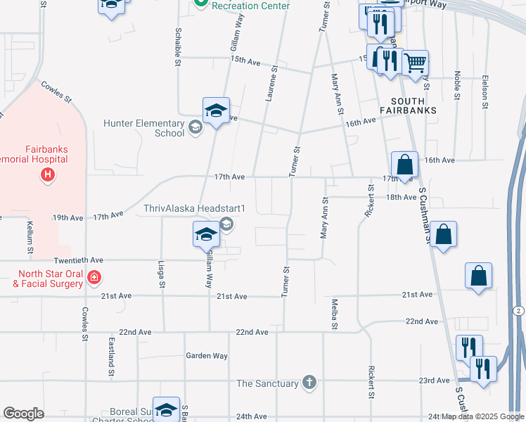 map of restaurants, bars, coffee shops, grocery stores, and more near 1910 South Cushman Street in Fairbanks