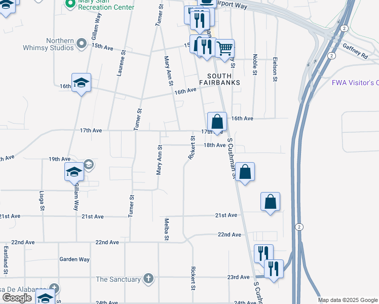 map of restaurants, bars, coffee shops, grocery stores, and more near 701 18th Avenue in Fairbanks