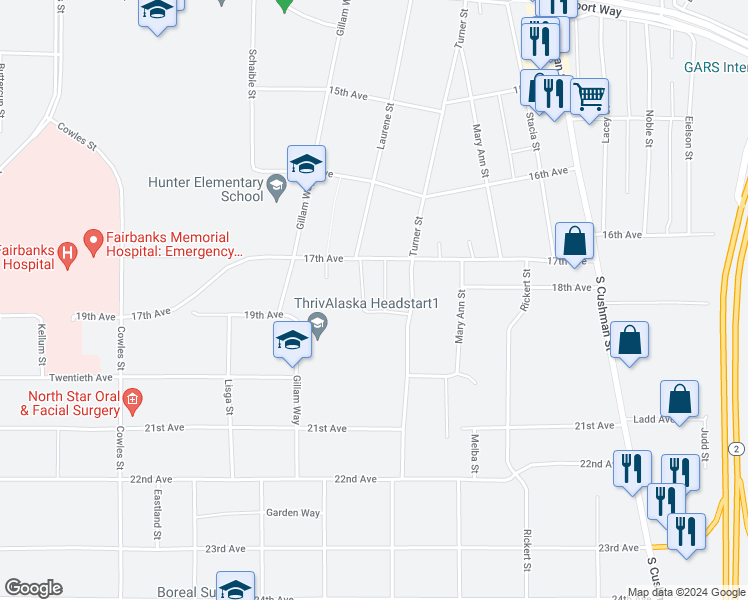 map of restaurants, bars, coffee shops, grocery stores, and more near 825 17th Avenue in Fairbanks