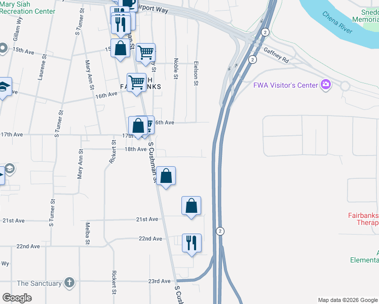 map of restaurants, bars, coffee shops, grocery stores, and more near 310 18th Avenue in Fairbanks