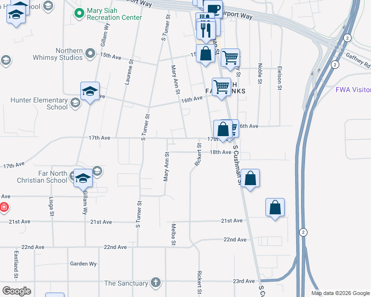 map of restaurants, bars, coffee shops, grocery stores, and more near 730 17th Avenue in Fairbanks