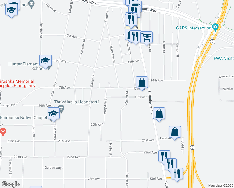 map of restaurants, bars, coffee shops, grocery stores, and more near 730 17th Avenue in Fairbanks
