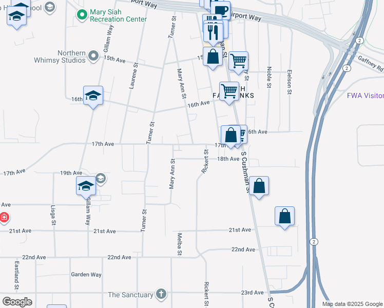 map of restaurants, bars, coffee shops, grocery stores, and more near 720 18th Avenue in Fairbanks