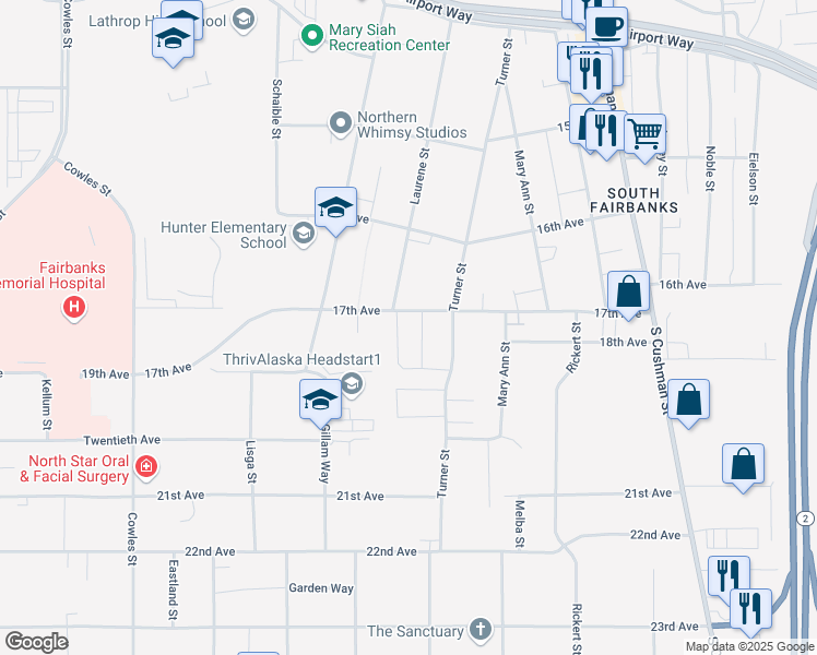 map of restaurants, bars, coffee shops, grocery stores, and more near 829 17th Avenue in Fairbanks