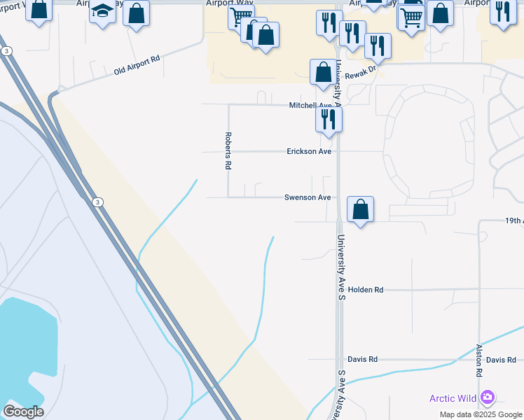 map of restaurants, bars, coffee shops, grocery stores, and more near 3743 Swenson Avenue in Fairbanks