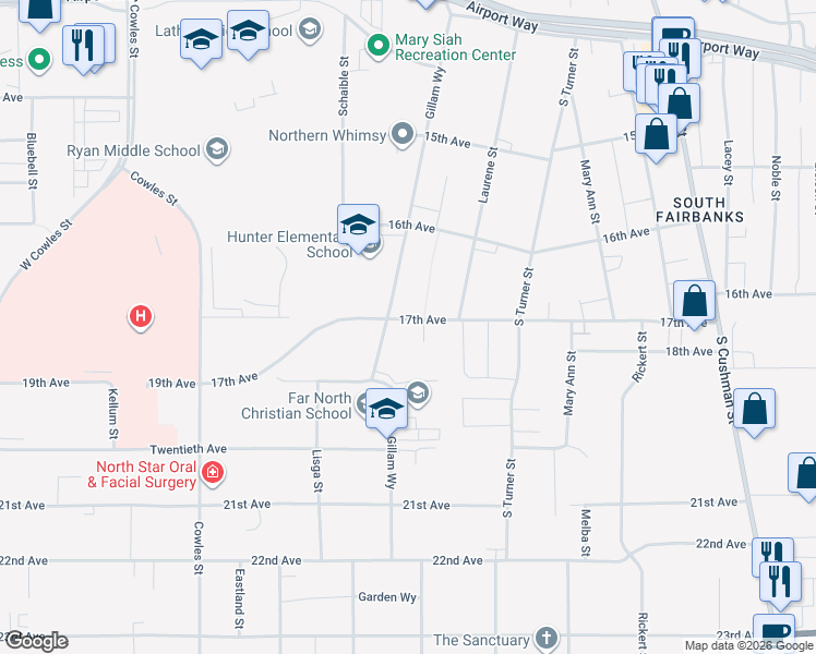 map of restaurants, bars, coffee shops, grocery stores, and more near 1701 Gillam Way in Fairbanks