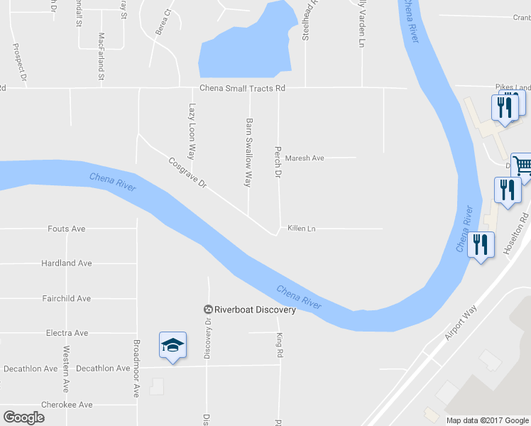 map of restaurants, bars, coffee shops, grocery stores, and more near 1821 Barn Swallow Way in Fairbanks