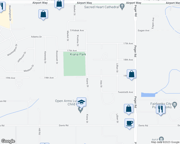 map of restaurants, bars, coffee shops, grocery stores, and more near 1871 Kiana Street in Fairbanks