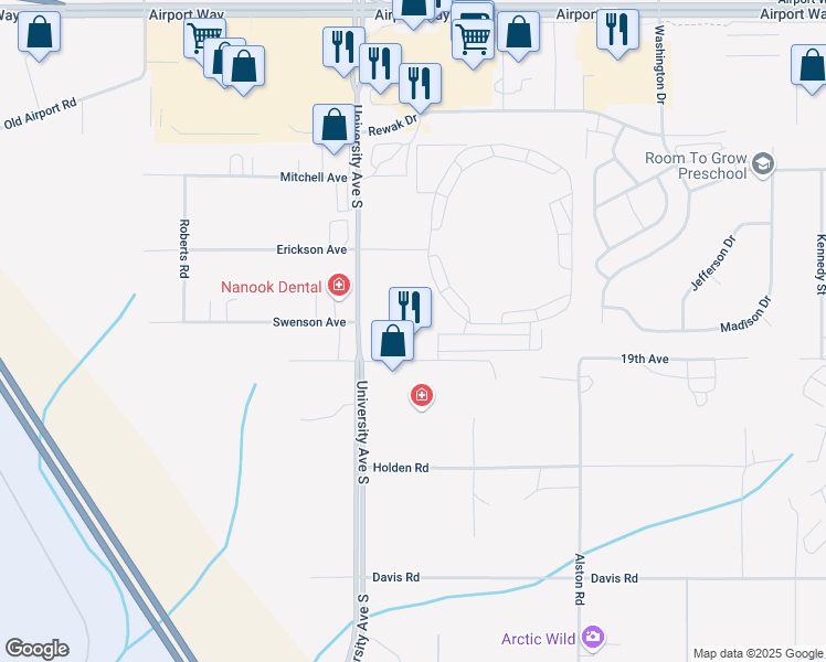 map of restaurants, bars, coffee shops, grocery stores, and more near 1717 University Avenue South in Fairbanks