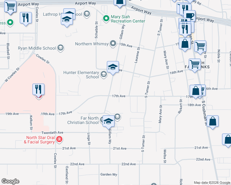 map of restaurants, bars, coffee shops, grocery stores, and more near 1701 Gillam Way in Fairbanks