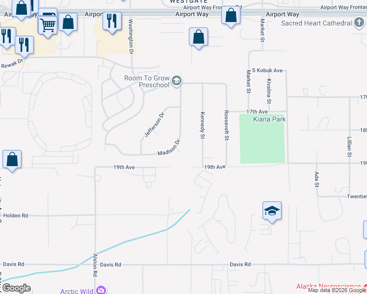 map of restaurants, bars, coffee shops, grocery stores, and more near 1623 Madison Drive in Fairbanks