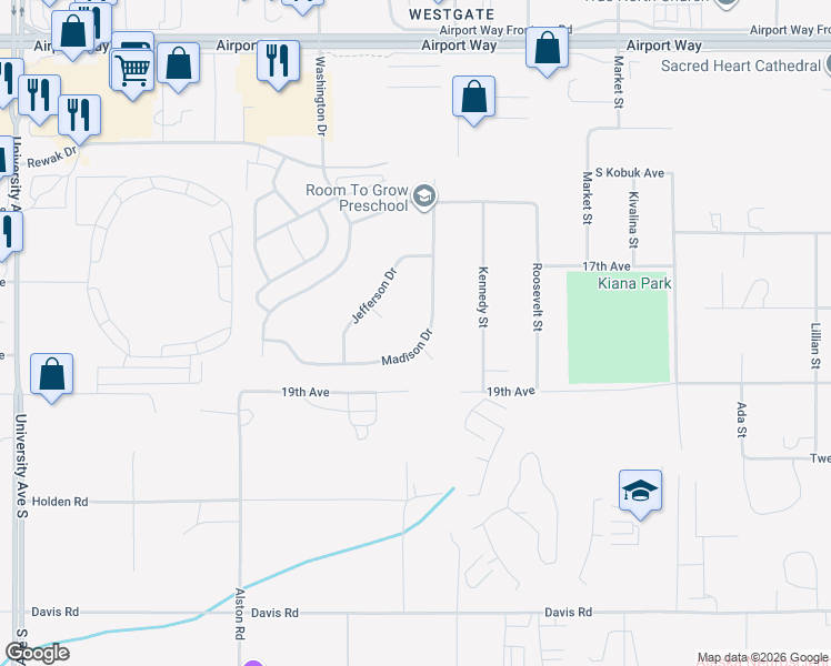 map of restaurants, bars, coffee shops, grocery stores, and more near 1623 Madison Drive in Fairbanks