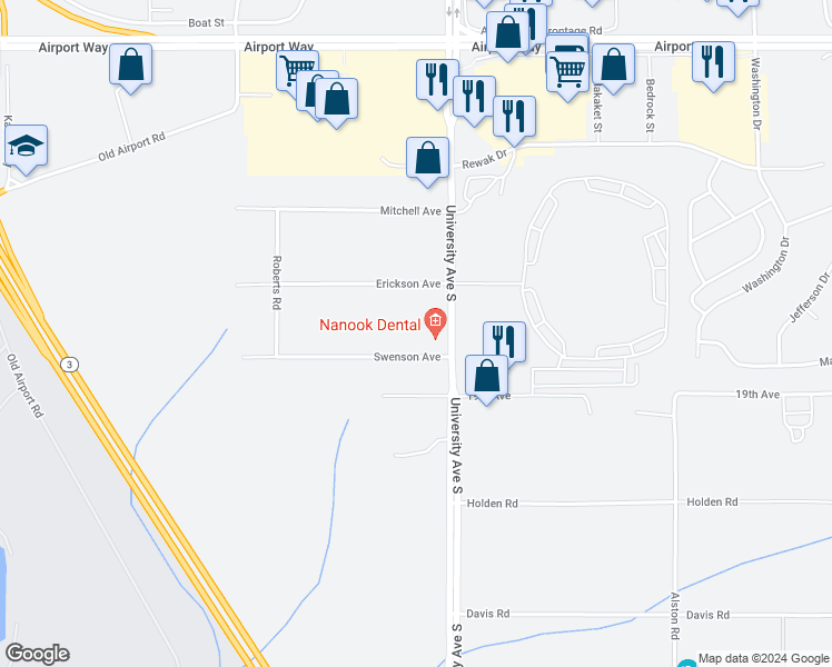 map of restaurants, bars, coffee shops, grocery stores, and more near 3719 Swenson Avenue in Fairbanks