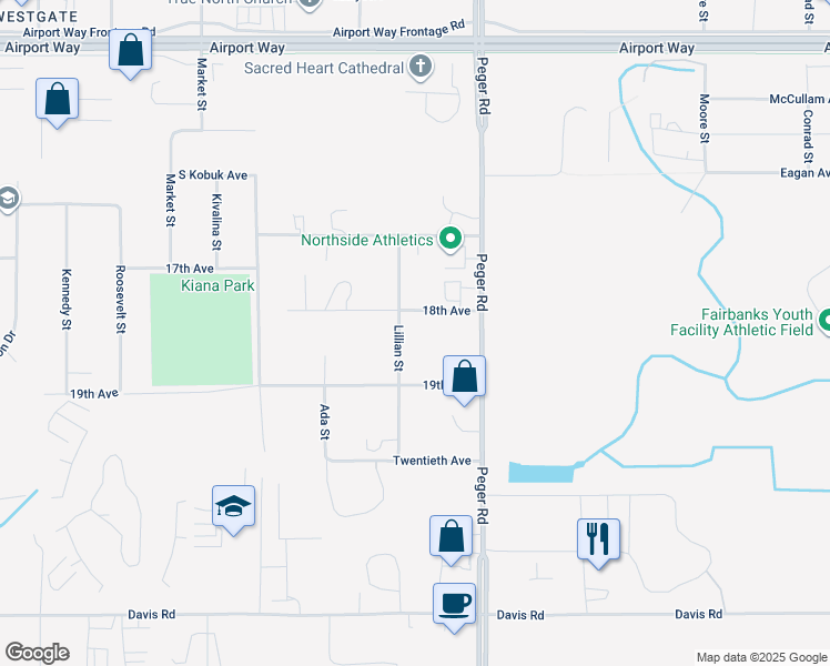 map of restaurants, bars, coffee shops, grocery stores, and more near 2599 18th Avenue in Fairbanks