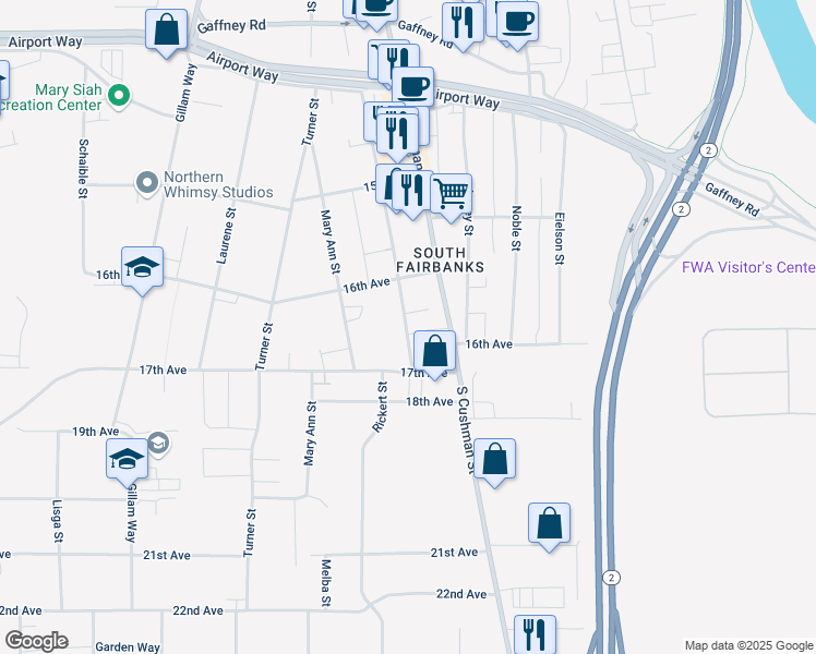 map of restaurants, bars, coffee shops, grocery stores, and more near 714 17th Avenue in Fairbanks