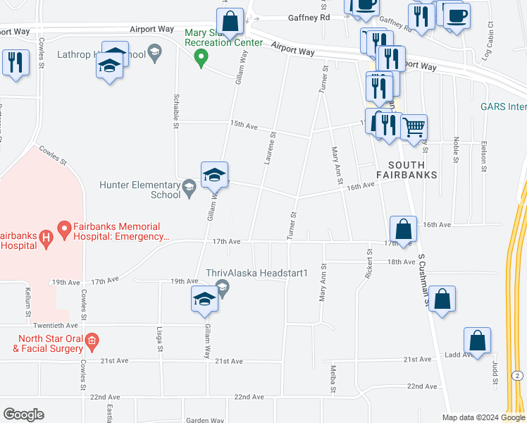 map of restaurants, bars, coffee shops, grocery stores, and more near 1617 Laurene Street in Fairbanks