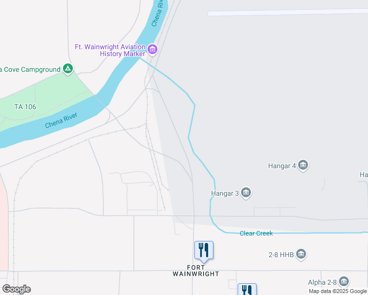 map of restaurants, bars, coffee shops, grocery stores, and more near Meridian Rd in Fairbanks