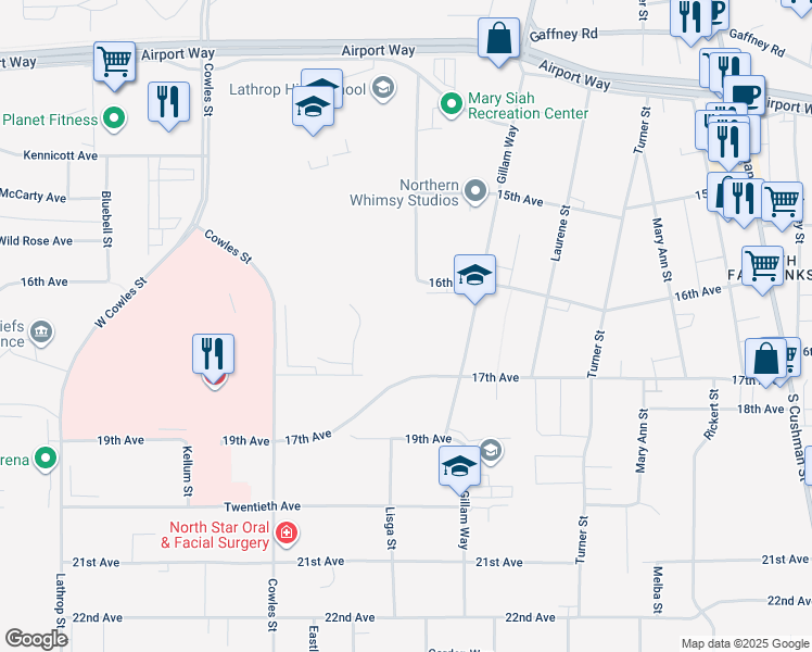 map of restaurants, bars, coffee shops, grocery stores, and more near 1630 Gillam Way in Fairbanks
