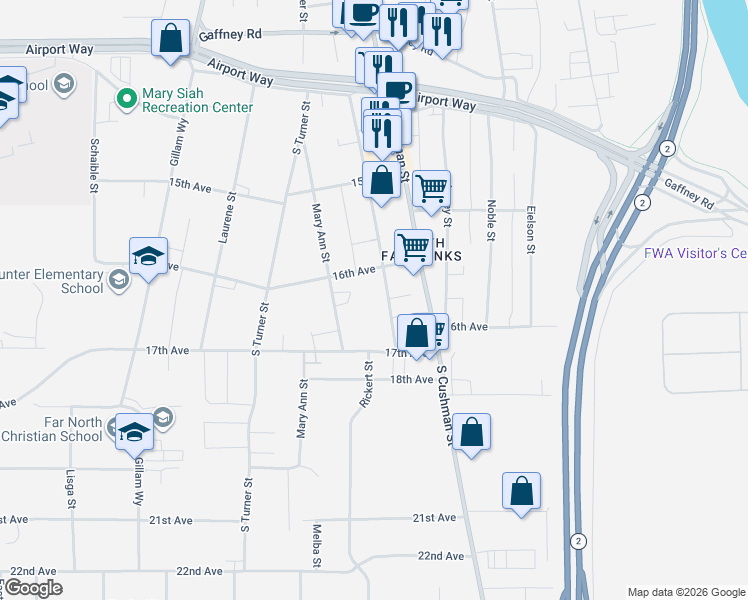 map of restaurants, bars, coffee shops, grocery stores, and more near 1610 Stacia Street in Fairbanks