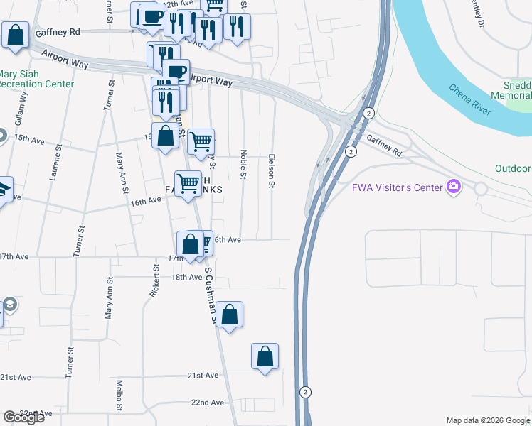 map of restaurants, bars, coffee shops, grocery stores, and more near 1536 Eielson Street in Fairbanks