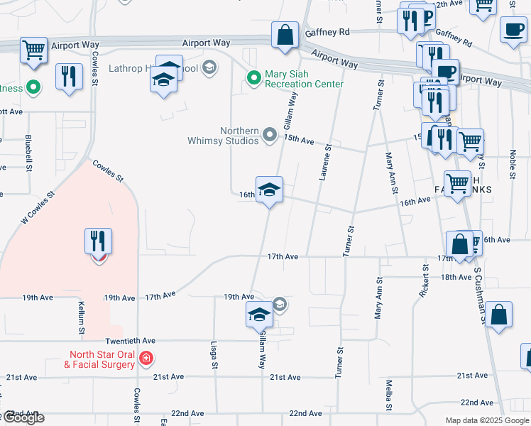 map of restaurants, bars, coffee shops, grocery stores, and more near 1630 Gillam Way in Fairbanks