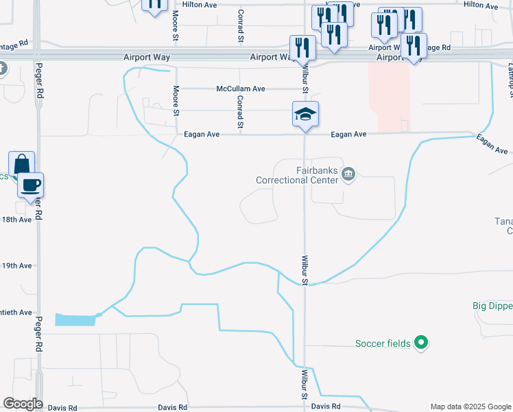 map of restaurants, bars, coffee shops, grocery stores, and more near 1502 Wilbur Street in Fairbanks