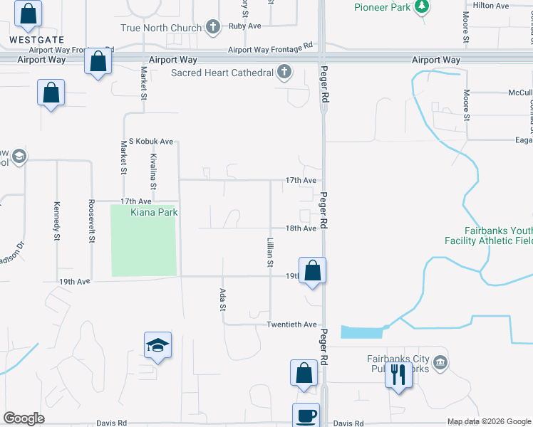 map of restaurants, bars, coffee shops, grocery stores, and more near 1766 Lillian Street in Fairbanks