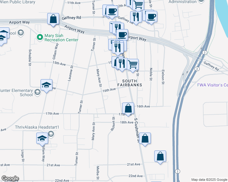 map of restaurants, bars, coffee shops, grocery stores, and more near 1610 Stacia Street in Fairbanks