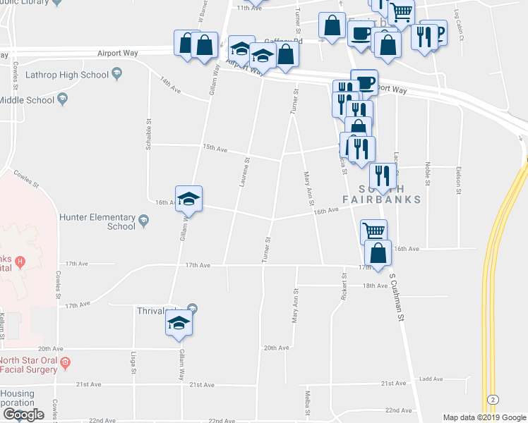 map of restaurants, bars, coffee shops, grocery stores, and more near 1552 South Turner Street in Fairbanks